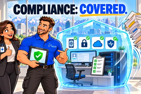 Man and woman in office with digital shield protecting compliance icons and flying documents symbolizing security.