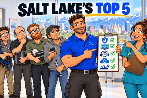 Illustration of Salt Lake City's top 5 services with professionals holding tools and checklist in office with mountain view.
