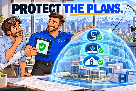 Two architects secure blueprints with digital protection shield as a thief tries to steal plans from an office.