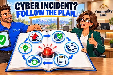 Man and woman at bank showing cyber incident response plan with icons for safety steps and approval.
