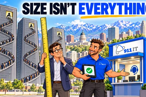Two men compare a large skyscraper with long lines to a small booth, highlighting size isn't everything message.