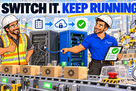IT professionals managing server upgrades in a factory to ensure continuous production with a secure and efficient system switch.