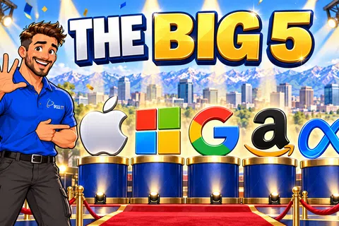 Animated man in blue shirt points to podiums with logos of Apple, Microsoft, Google, Amazon, Meta under The Big 5 text.