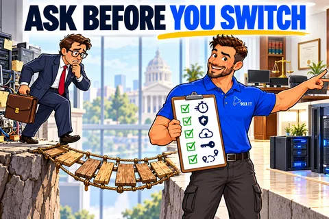 Cartoon businessman cautiously crossing a broken bridge to IT professional holding a clipboard with checklist in office.