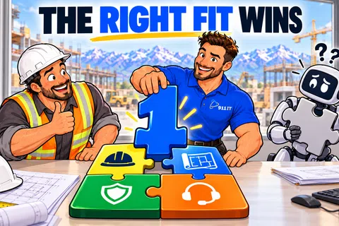 Construction worker and IT professional fitting puzzle pieces labeled one, helmet, blueprint, shield, and headset with confused robot.