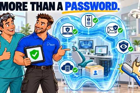 Two professionals in a dental office promoting advanced digital security beyond passwords with secure icons and shield graphics.