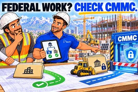 Two construction workers with blueprints discussing CMMC compliance for federal work at an active construction site.