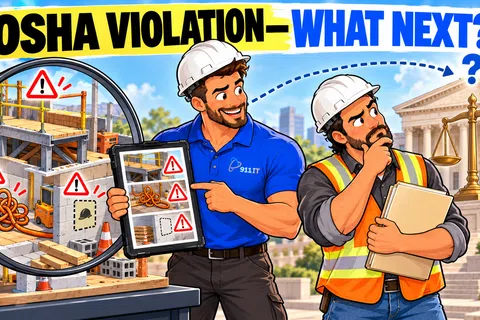 Two construction workers discuss OSHA violations with safety warnings highlighted on digital tablet and site.