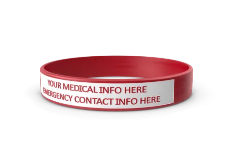 Red medical alert wristband with customizable text for medical and emergency contact information.