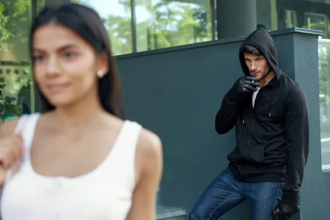 Man in black hoodie and gloves looking at woman walking by outside modern building during daytime