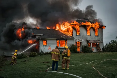 Firefighters battle intense flames engulfing a two-story house with thick black smoke rising.