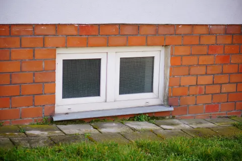 Small basement window with white frame in red brick wall above mossy concrete pavement and green grass.