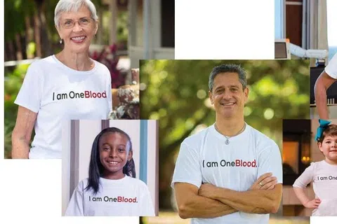 Diverse group of people wearing white I am OneBlood shirts smiling and posing in different settings.