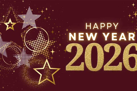 Happy New Year 2026 greeting with gold glitter numbers and stars on a dark red background.