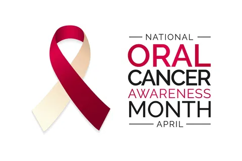 Burgundy and beige ribbon symbolizing National Oral Cancer Awareness Month in April on a white background.
