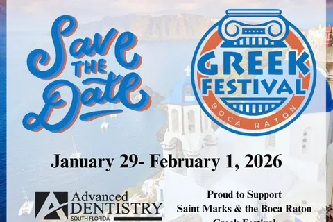 Save the date for Boca Raton Greek Festival January 29 to February 1, 2026 with Santorini background and sponsor logo