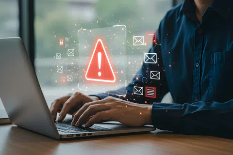 Person typing on laptop with digital warning and email alert icons representing cybersecurity threats.