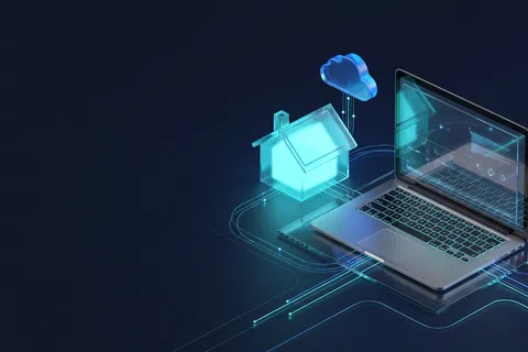 3D laptop connected to a smart home and cloud data illustrating digital connectivity and smart technology.