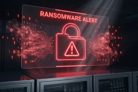 Red ransomware alert with a lock and warning symbol over a dark data server background