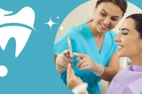 Dentist in blue scrubs showing a patient her teeth in a handheld mirror with a tooth icon background.