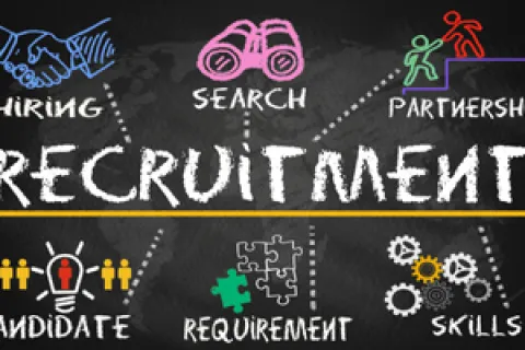Chalkboard-style recruitment concept with icons for hiring, search, partnership, candidate, requirement, and skills.