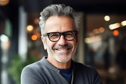 Smiling mature man with gray hair and glasses standing with arms crossed indoors in casual sweater.