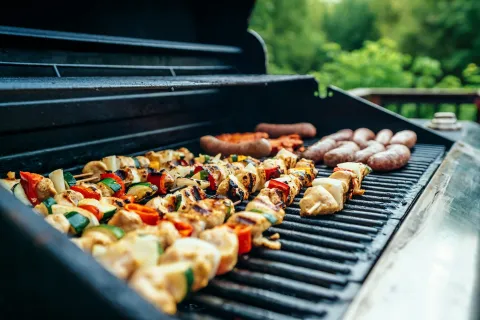 Colorful chicken and vegetable skewers grilling alongside sausages on an outdoor barbecue grill.