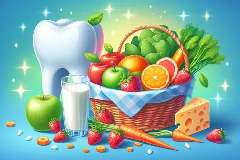 Colorful basket of fruits, vegetables, milk, and a tooth symbolizing dental health and nutrition.