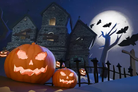Glowing jack-o-lanterns in front of a haunted house under a full moon with bats in the night sky.