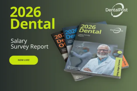 2026 Dental Salary Survey Report cover with a smiling male dentist and DentalPost logo on green background.