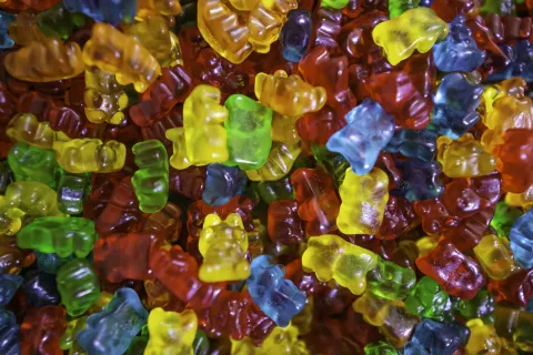 Colorful gummy bears in various shades scattered together in a vibrant mix.