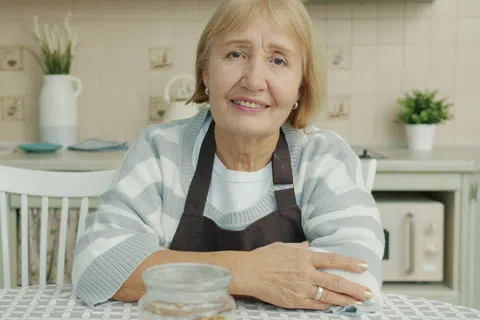 Smiling elderly woman in striped sweater and apron sitting at kitchen table with plants and crockery in background