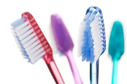 Colorful toothbrushes in a white holder on a clean background, promoting dental hygiene.