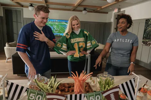 Three friends in sports jerseys enjoying snacks at a home football watch party with a game on TV