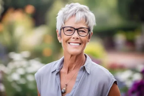 Smiling mature woman with short white hair and glasses outdoors with blurred garden background.