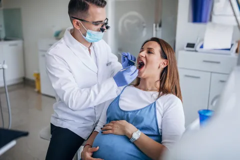 Pregnant woman receiving dental check-up from a professional dentist in a modern clinic.