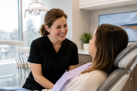 Smiling female dentist in black scrubs consulting with female patient in dental clinic chair.