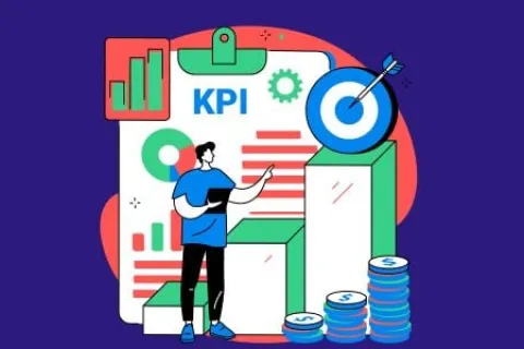 Person analyzing KPI charts with bar graphs, target, and stacks of coins symbolizing financial growth.