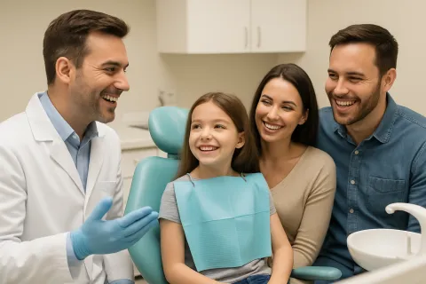 Happy young girl in dental chair with parents talking to friendly dentist in clinic.
