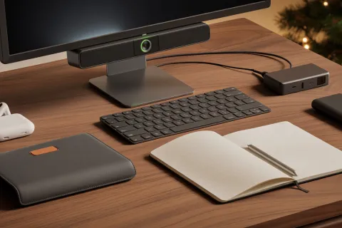 Modern workspace with monitor, wireless keyboard, notebook, pen, earbuds, and tech accessories on wooden desk.