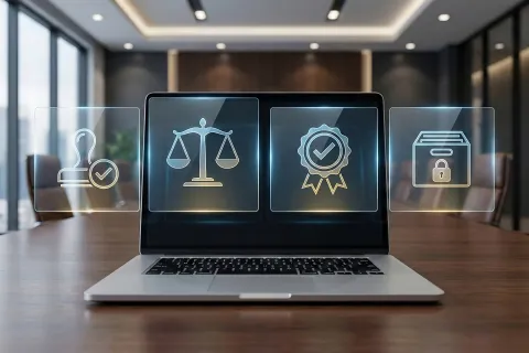 Laptop on conference table with floating legal icons of approval, balance, certification, and security in office.