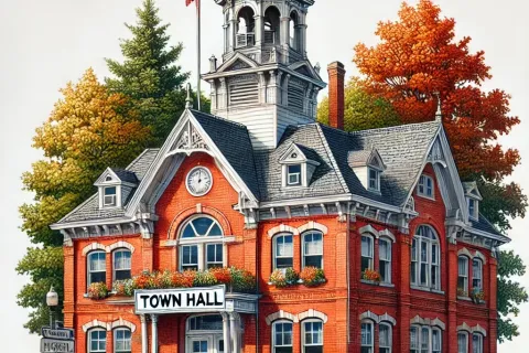 a red building with a flag on top