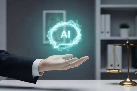 Person in suit holding a glowing AI speech bubble hologram next to a golden justice scale on desk.