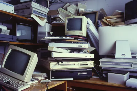 Stacked vintage computer monitors, keyboards, and hardware cluttered on desks and shelves in a storage room.
