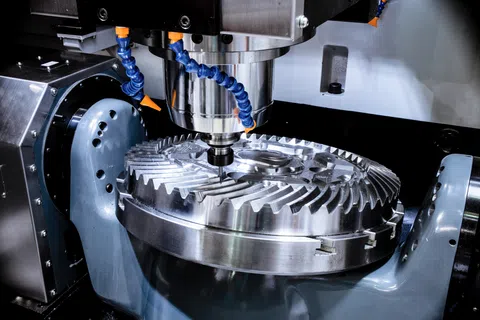 CNC milling machine cutting precise metal gear with cooling fluid and rotating tool in industrial workshop