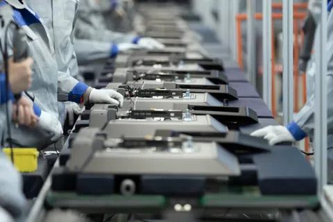 Workers in uniforms assembling electronic devices on a factory production line with precision and focus.