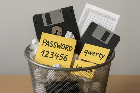 Floppy disks with weak passwords in a trash bin symbolizing poor password security and data protection risks.