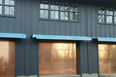 a building with a wood door