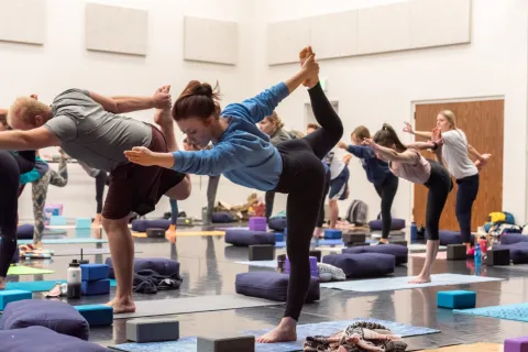 Group yoga class practicing balancing pose in a spacious studio with mats, blocks, and cushions