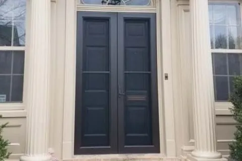 a black door on a building